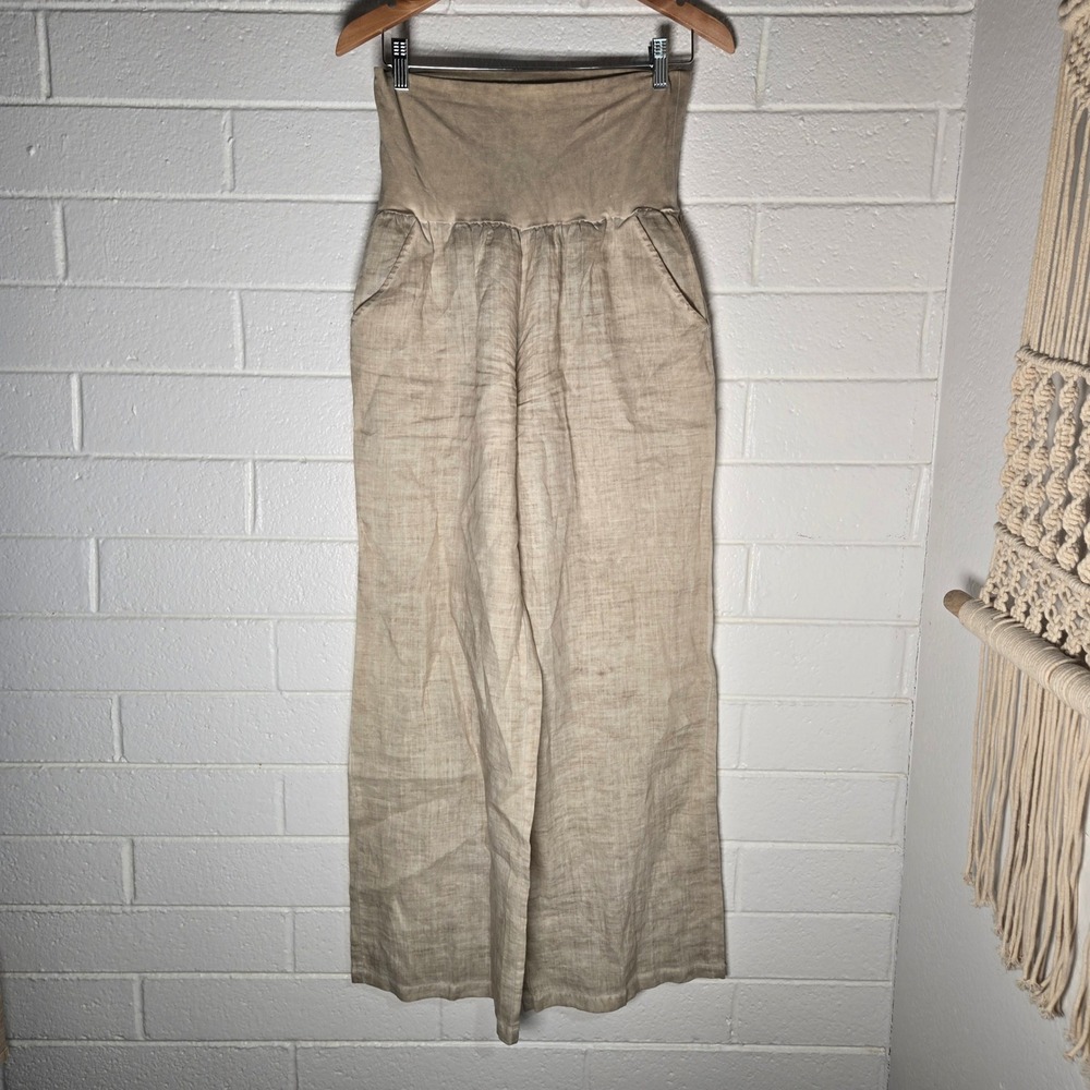 Elan Wide Leg Pants Large Tan 100% Ramie High Waist Boho Palazzo Breathable Boho